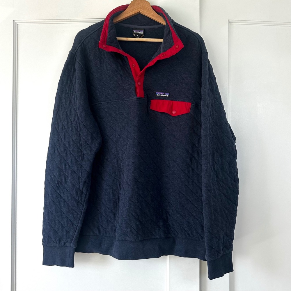 Patagonia Mens Organic Cotton Quilt Snap-T Pullover Navy Red XL 25371